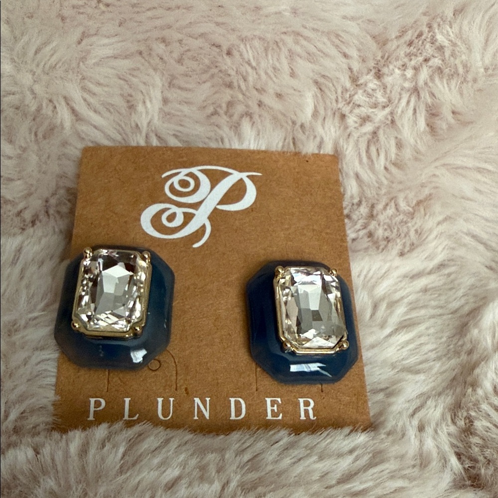 Plunder Navy Blue Resin Earrings with Clear Crystal Centers
